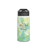 Powerful Energy Stainless Water Bottle with a straw lid and gentle green-blue floral artwork, blending functionality with nature-inspired motivation. Perfect for wellness, hydration, and eco-conscious living. PicaBright.