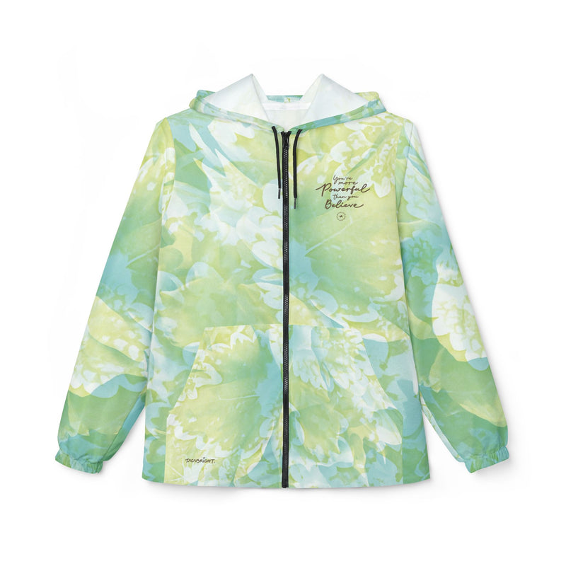 Powerful Energy inspirational windbreaker jacket adorned with soft green and blue floral designs, providing lightweight protection and nature-inspired motivation. Perfect for outdoor and wellness enthusiasts. PicaBright