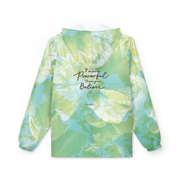 Stay motivated and protected with the Powerful Energy windbreaker jacket, featuring soft green and blue floral patterns. Lightweight and nature-inspired, perfect for outdoor activities and wellness journeys. PicaBright