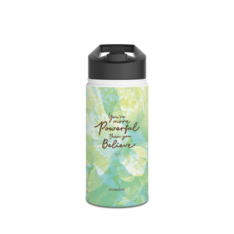 Powerful Energy Stainless Water Bottle with a straw lid and gentle green-blue floral artwork, blending functionality with nature-inspired motivation. Perfect for wellness, hydration, and eco-conscious living. PicaBright.