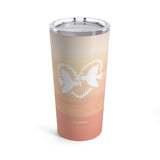 Stay hydrated with the ‘Heart Doves of Love’ tumbler, featuring two peaceful doves forming a heart against a serene pink-orange cloudscape. A comforting gift to promote harmony and ease tensions. PicaBright