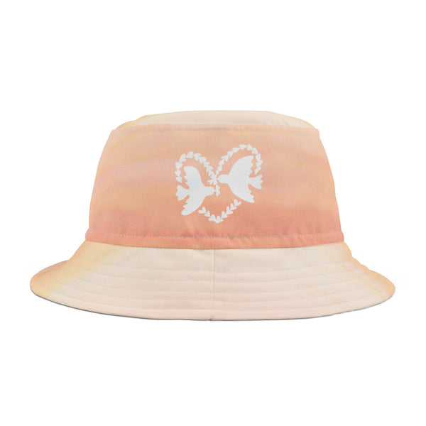 Step out in the ‘Heart Doves of Love’ bucket hat, blending peaceful white dove designs with pastel pink orange clouds. A stylish way to inspire love and balance in your day. PicaBright