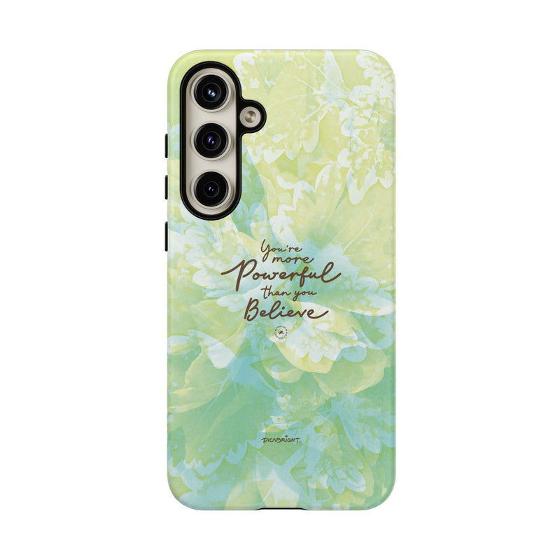 Powerful Energy floral art protective phone cases with gentle green and blue flower visuals, combining style, durability, and nature-inspired positivity. Designed for iPhone and Samsung users. PicaBright.