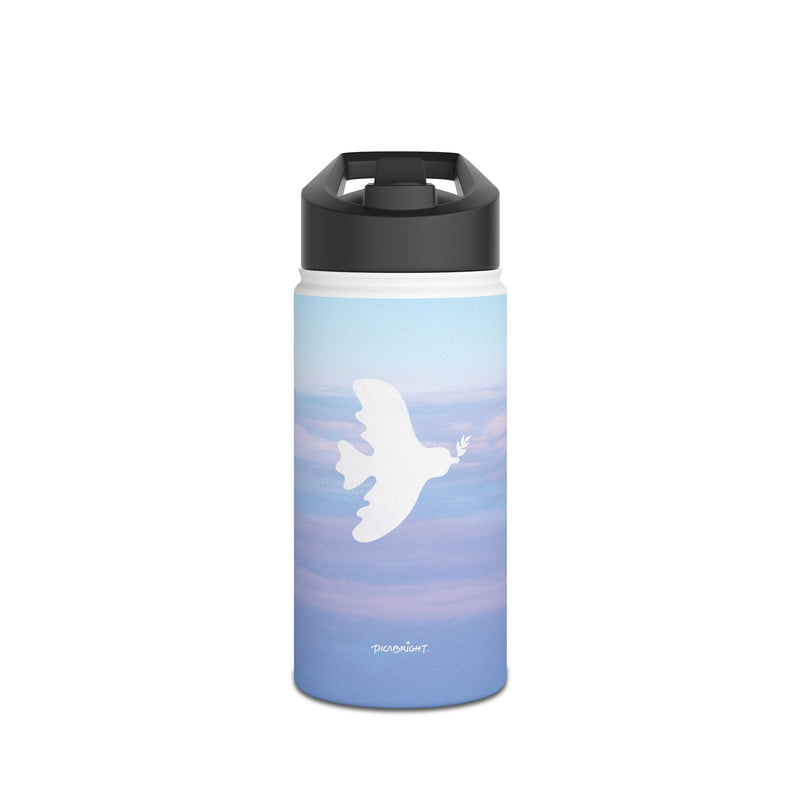 Find serenity with the 'Peaceful Dove' stainless water bottle, featuring a graceful dove above calming blue clouds and a convenient straw lid. Designed for easy hydration, it’s perfect for those seeking peace and focus on the go. PicaBright