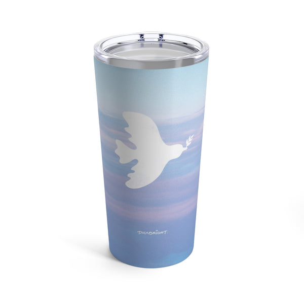 Experience tranquility with the 'Peaceful Dove' vacuum insulated tumbler cup, featuring a serene dove soaring above a cloud-filled blue sky. Designed to soothe anxious minds, this durable cup is perfect for calming your daily routine. PicaBright