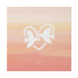 ‘Heart Doves of Love’ canvas print featuring doves in a heart against a dreamy pink-orange sky. The perfect romantic gift to bring love, peace, and serenity to any space. PicaBright