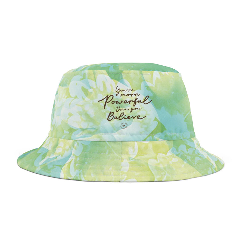 Powerful Energy bucket hat with soft green and blue floral design, lightweight and comfortable, perfect for daily wear or as a thoughtful and inspirational gift for friends undergoing treatment or chemotherapy, providing style and care. PicaBright