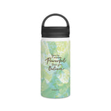 Powerful Energy Inspirational Stainless Steel Bottle with a durable handle lid, featuring a calming green and blue floral nature-inspired design. Ideal for hydration on the go while fostering positivity and balance. PicaBright.