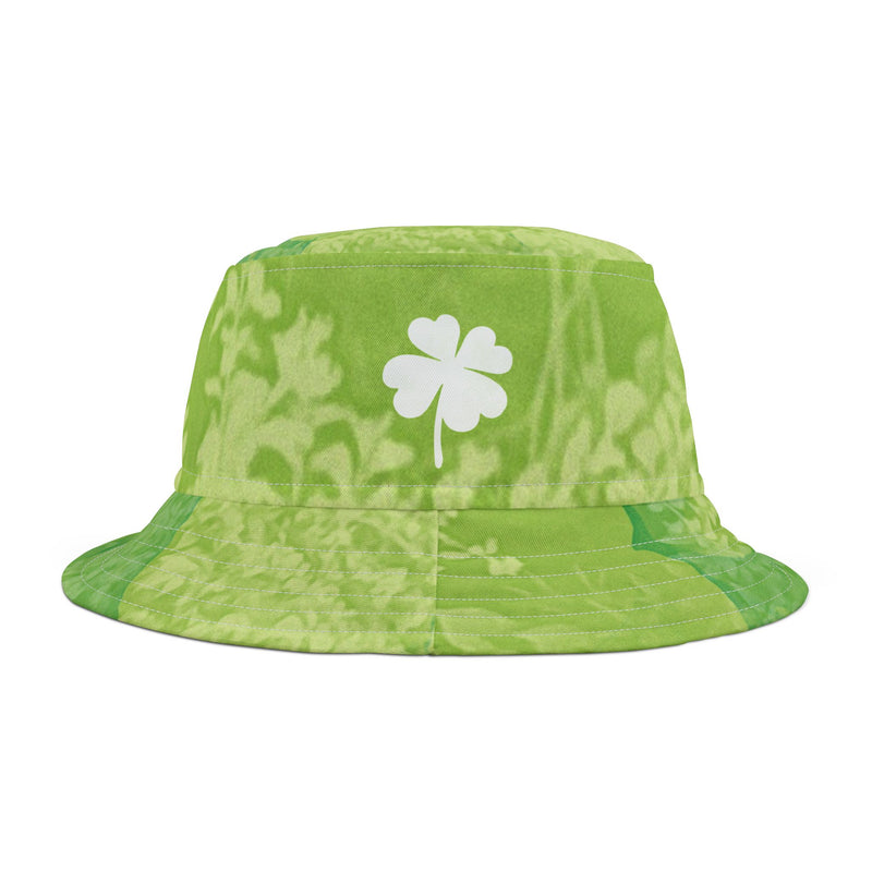 Bucket hat featuring a green, nature-inspired lucky four-leaf clover design, promoting health and positivity. An ideal choice for daily wear, adding a touch of optimism to your style. PicaBright