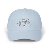 Powder Blue:
"Elevate your mindset with the 'Trust Yourself' dad cap in powder blue. The cap’s embroidered message fosters self-assurance, providing a constant source of motivation. Perfect for anyone who needs a subtle yet powerful reminder to trust their journey. PicaBright.