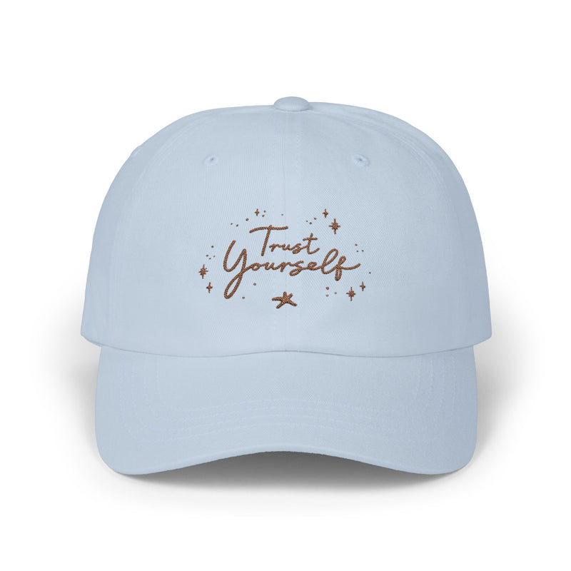 Powder Blue:
"Elevate your mindset with the 'Trust Yourself' dad cap in powder blue. The cap’s embroidered message fosters self-assurance, providing a constant source of motivation. Perfect for anyone who needs a subtle yet powerful reminder to trust their journey. PicaBright.