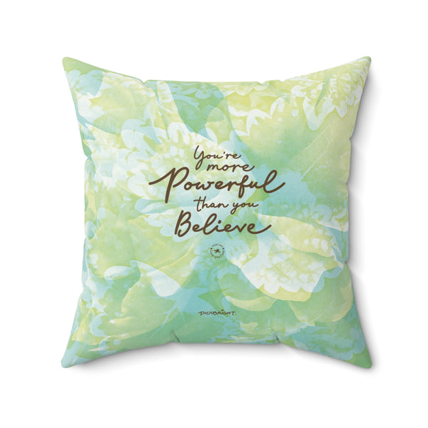 Powerful Energy floral motivational quotes pillow with calming green and blue flower design, offering comfort and inspiration. Perfect for relaxation, personal growth, and nature-inspired decor. PicaBright.