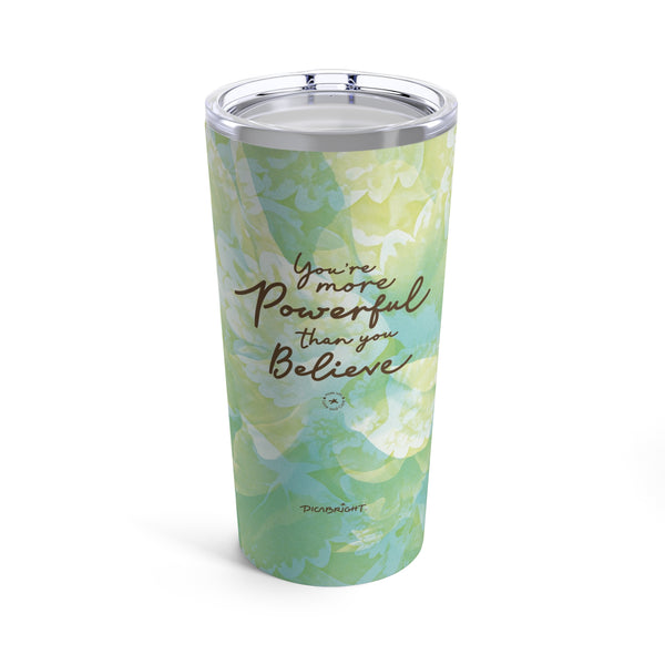 Powerful Energy Insulated 20oz Stainless Steel Tumbler with light green and blue floral design inspired by nature, keeping beverages hot or cold while promoting motivation and mindfulness. Eco-friendly, perfect for active lifestyles. PicaBright.