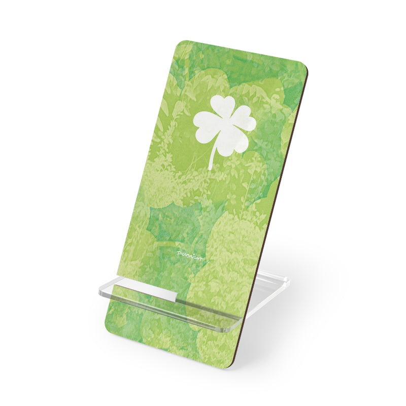 Smartphone stand with a lucky four-leaf clover and green grass design. A functional yet inspiring addition to remind you of hope and luck daily. PicaBright