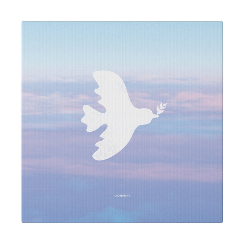 Transform your space with the 'Peaceful Dove' canvas print, showcasing a white dove gliding over calming blue and pink clouds. This art piece inspires relaxation, helping to alleviate anxiety and create a soothing ambiance. PicaBright