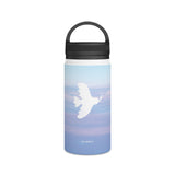 Stay hydrated with the 'Peaceful Dove' stainless water bottle, adorned with a peaceful dove and soft blue cloudscape. Ideal for managing stress and promoting inner peace during busy days. PicaBright