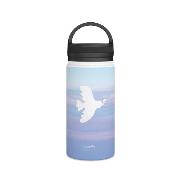 Stay hydrated with the 'Peaceful Dove' stainless water bottle, adorned with a peaceful dove and soft blue cloudscape. Ideal for managing stress and promoting inner peace during busy days. PicaBright