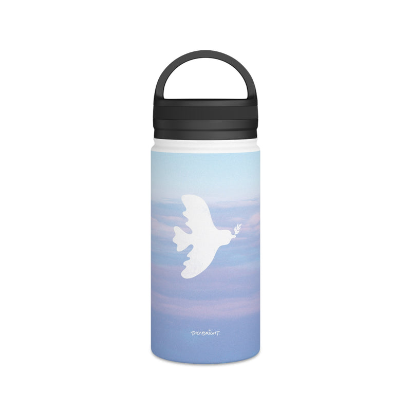 Stay hydrated with the 'Peaceful Dove' stainless water bottle, adorned with a peaceful dove and soft blue cloudscape. Ideal for managing stress and promoting inner peace during busy days. PicaBright