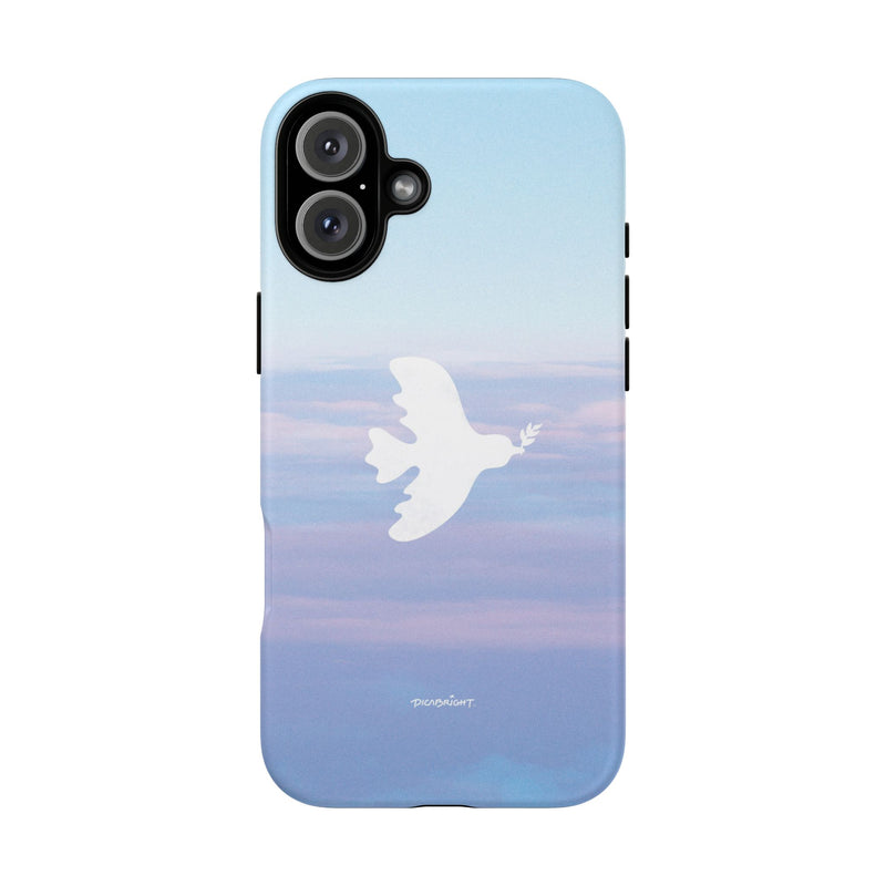 Protect your phone with the 'Peaceful Dove' iPhone & Samsung matte tough case, offering a calming white dove design on a serene blue pink cloud backdrop. Helps you stay composed and inspired throughout your day. PicaBright