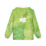 Back view of a windbreaker jacket adorned with a vibrant lucky four-leaf clover and lush green grass design, combining lightweight protection with an uplifting reminder to embrace opportunities and positivity. PicaBright