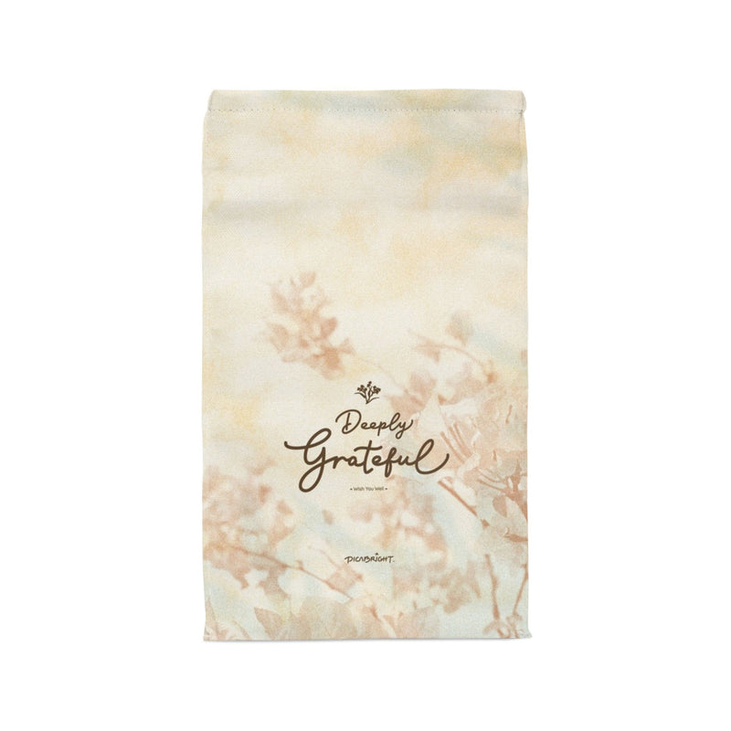 Deeply Grateful Handmade Insulated Lunch Bag featuring a nature-inspired floral design, eco-friendly and perfect for mindful living, gratitude, and wellness on the go. Thoughtful gift for daily use. PicaBright.