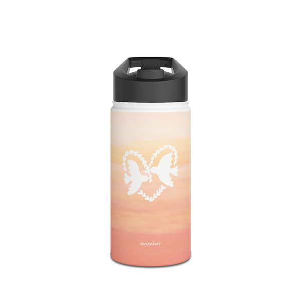 Experience serenity with the ‘Heart Doves of Love’ bottle, showcasing doves in a heart motif and soothing pink-orange clouds. A functional and emotional support for better relationships and calmer days. PicaBright