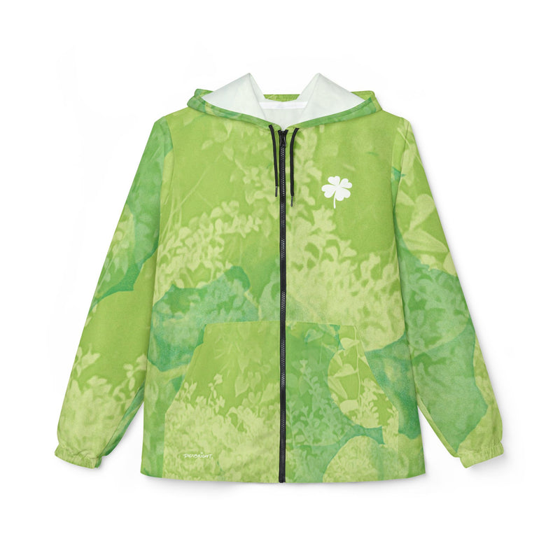 Windbreaker jacket with a lucky four-leaf clover and fresh green grass print, offering lightweight protection and a boost of confidence to face daily adventures. PicaBright